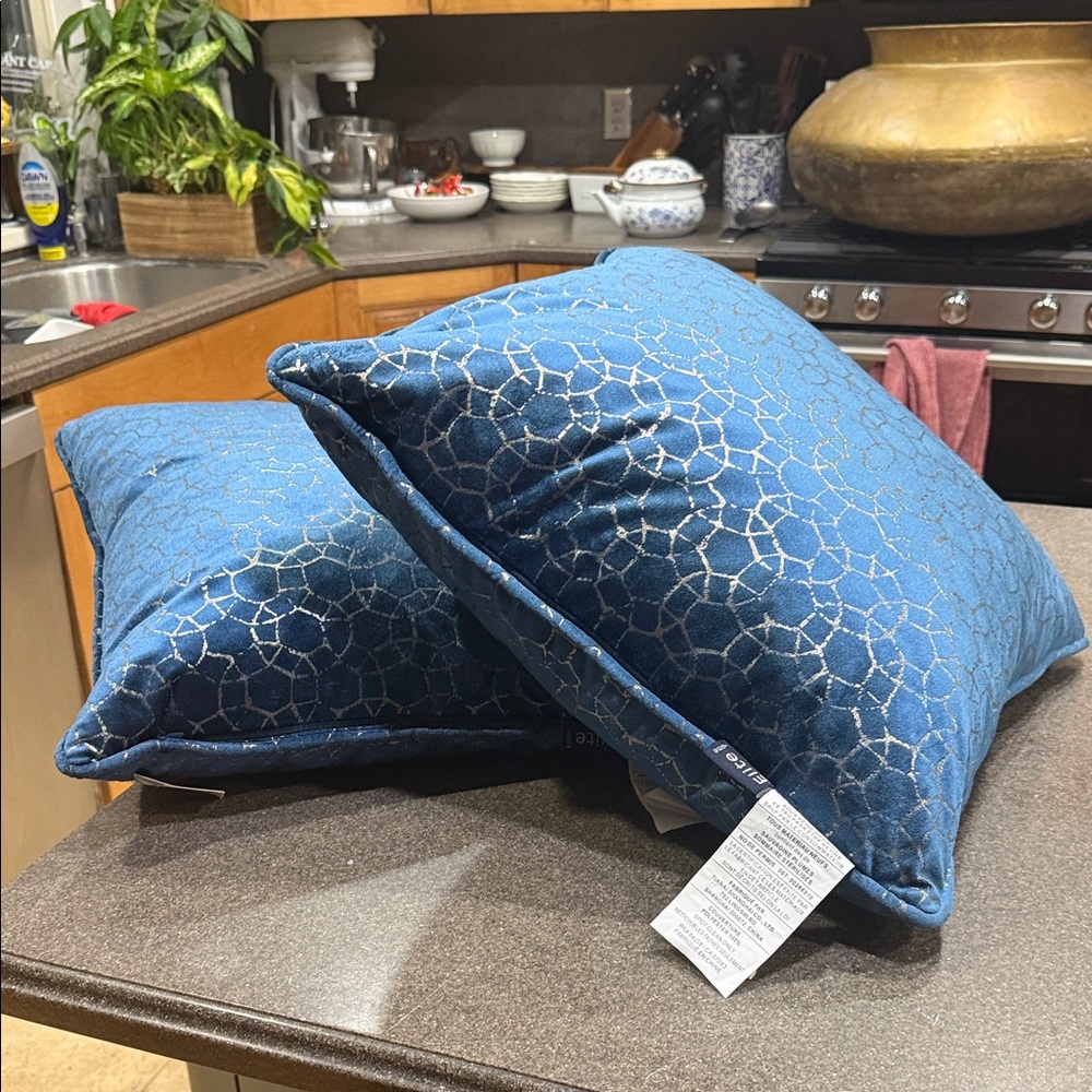 Down filled velvetBlue Decorative Accent Pillows with Metallic Geometric Pattern